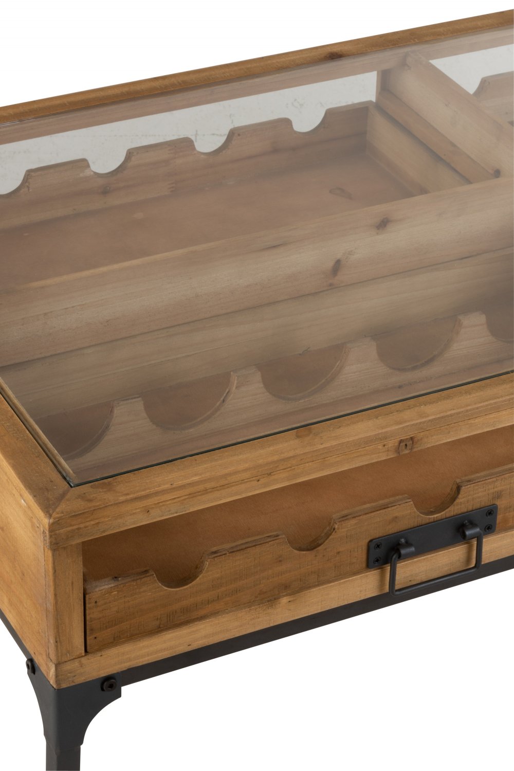 Table basse 2 tiroirs pour bouteilles FAKY métal noir et bois naturel.
